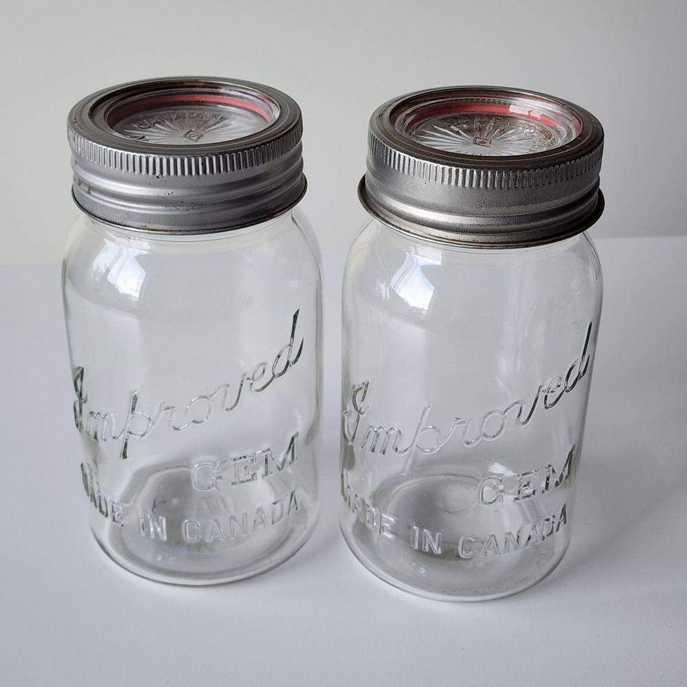 Improved Gem Mason Jars Clear Glass Set of 2 Vintage Kitchenware Made in Canada‎